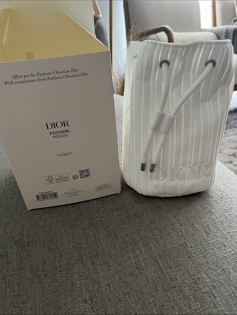 Dior White Poochon Drawstring Pouch - Embossed Logo - New in Box